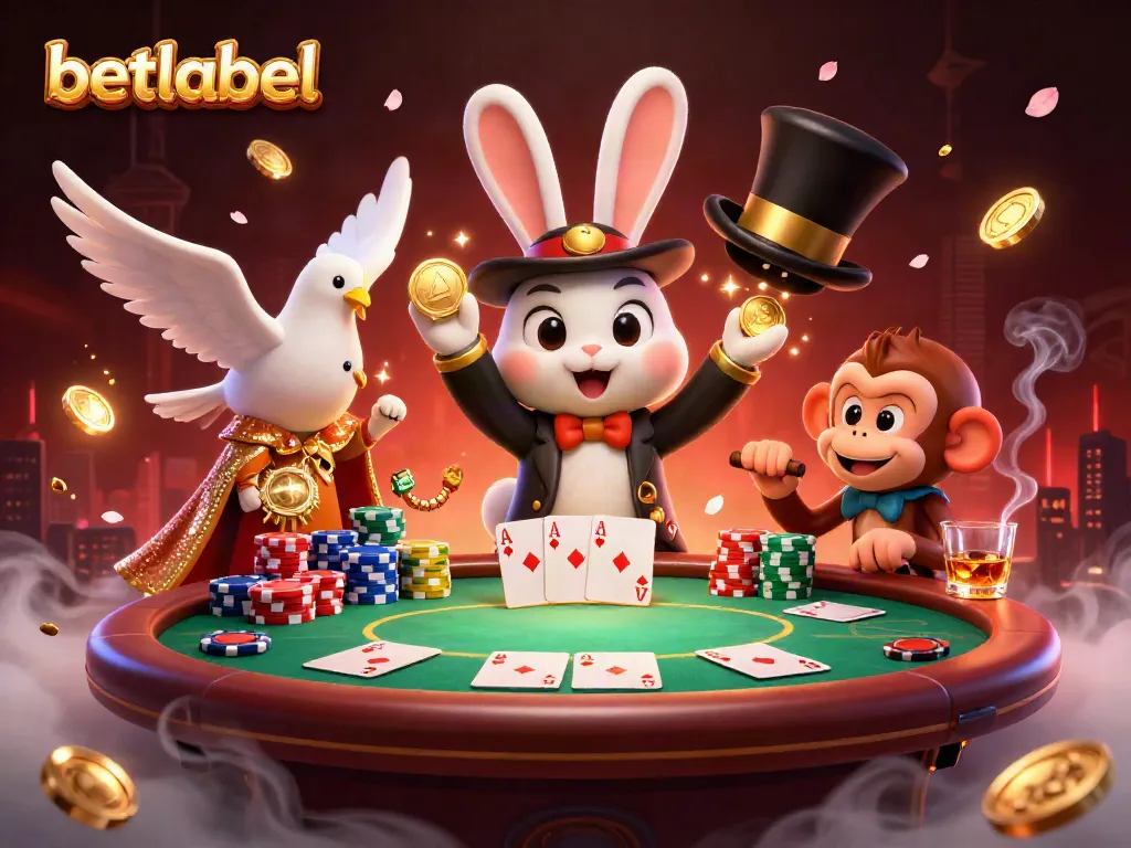 Betlabel's thrilling 3D illustration showcases a magician rabbit, dove, and monkey amid poker chips, enhancing casino excitement.