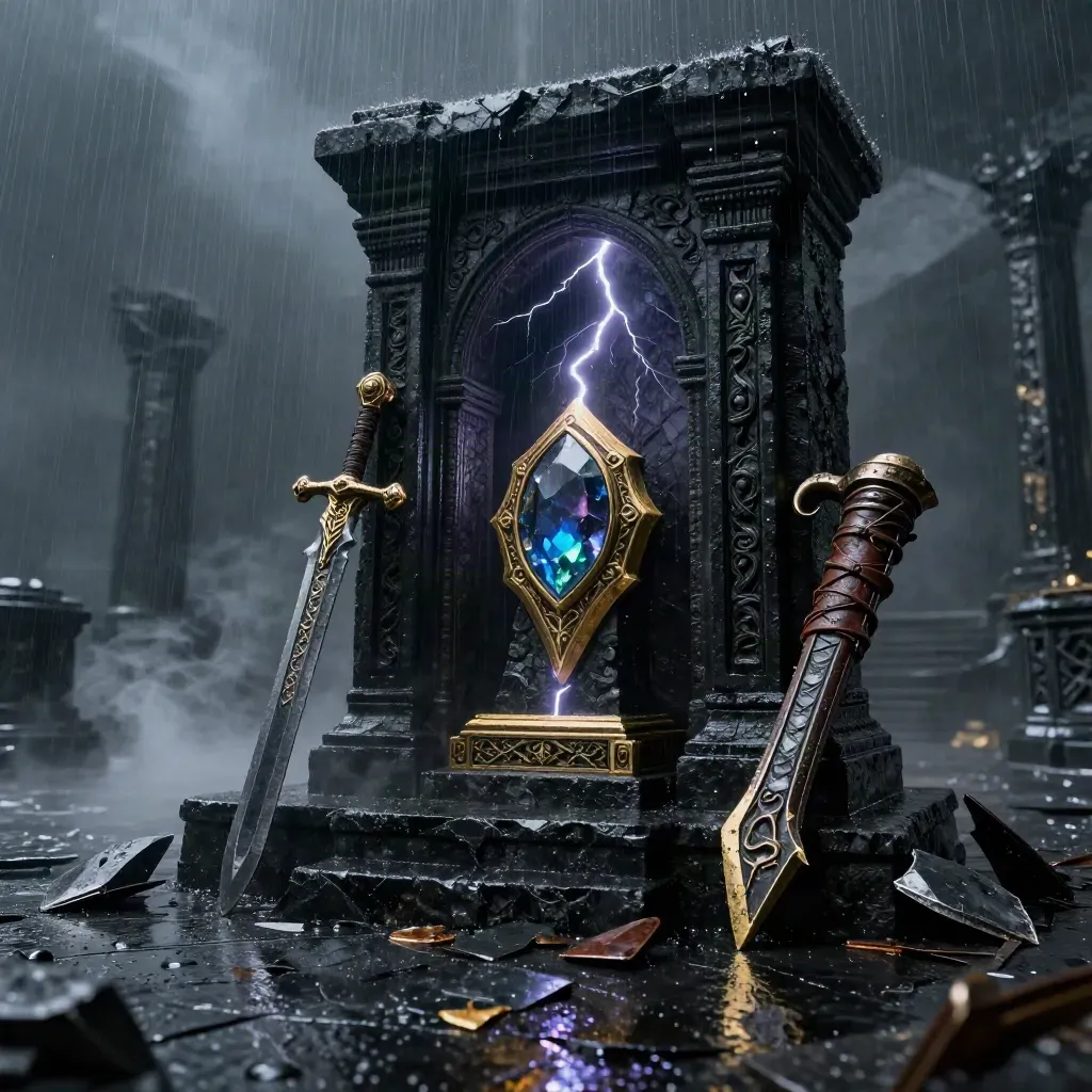 Santuario oscuro de Diablo Immortal con arma relíquia, lluvia y un rayo sobre el altar.