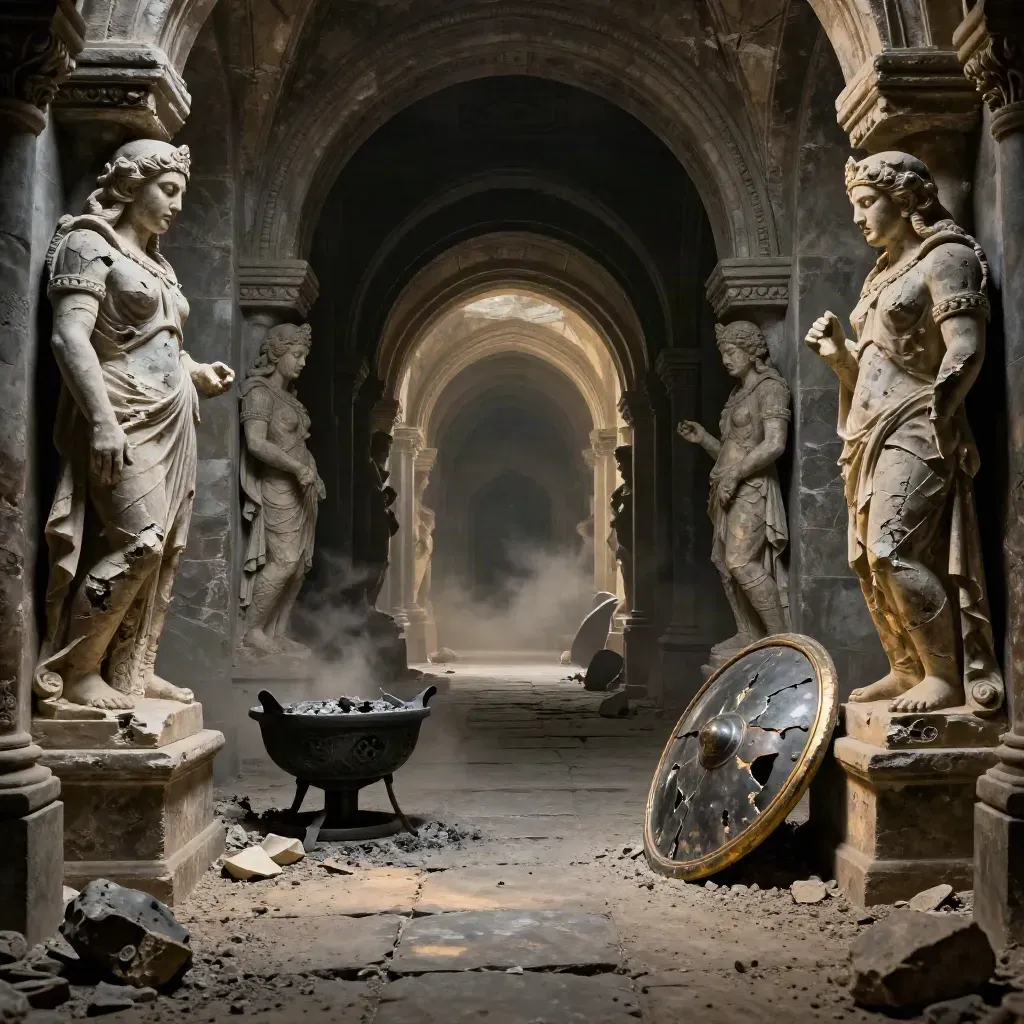 Corredor circular de jefe con estatuas rotas, brasero apagado y escudo astillado entre humo y ceniza.