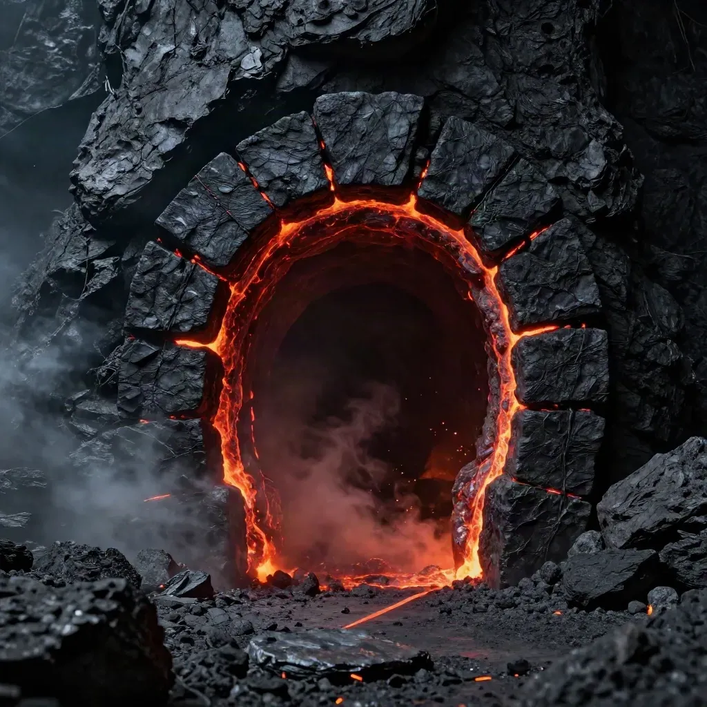 Portal infernal de basalto con lava al fondo, humo y ceniza tras el rugido del jefe.