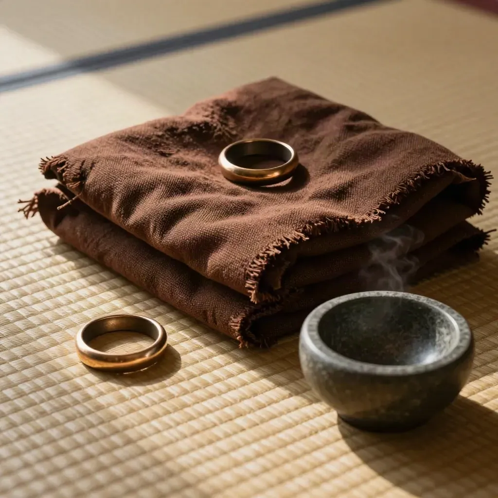 Vendas de entrenamiento, cuenco de piedra y anillos de bronce sobre tatami gastado.