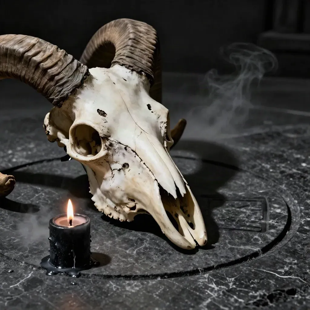 Cráneo de carnero, huesos y vela negra sobre basalto, con humo gris y sombra ritual.