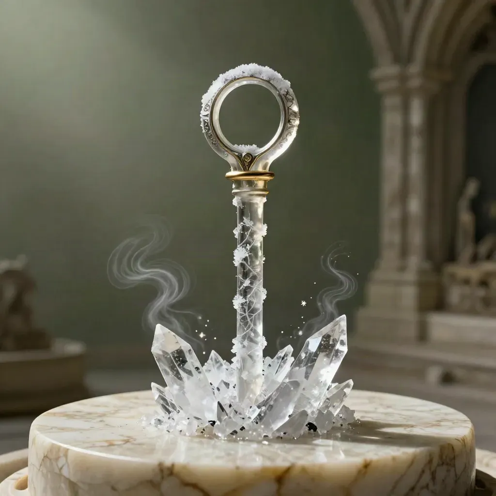 Bastón de cristal con hielo y anillos mágicos sobre pedestal de piedra clara.
