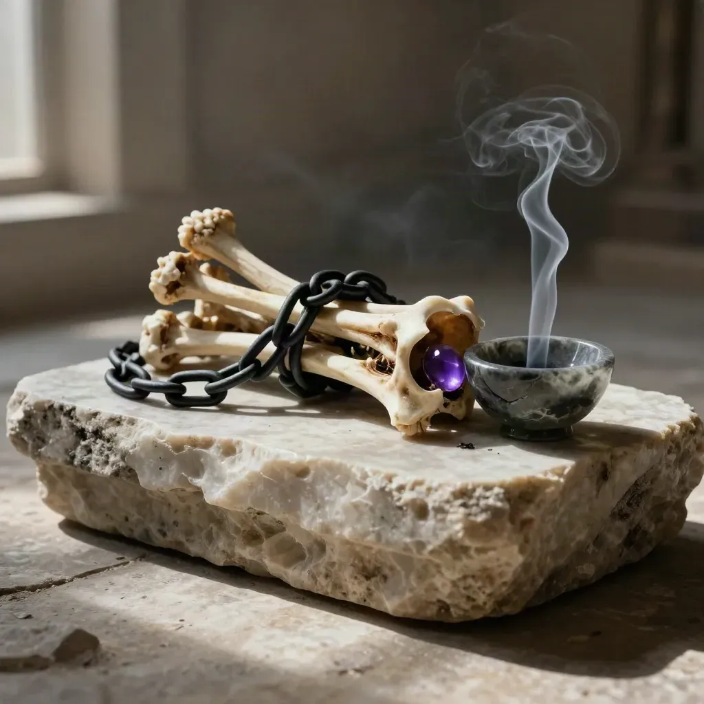 Altar necromántico con huesos, cadena negra, gema violeta y humo tenue sobre piedra