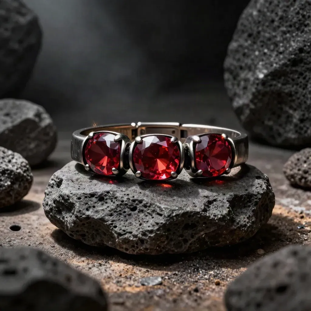 Tres gemas rojas en un brazalete oscuro sobre roca pulida, con brillo infernal y ambiente oscuro.