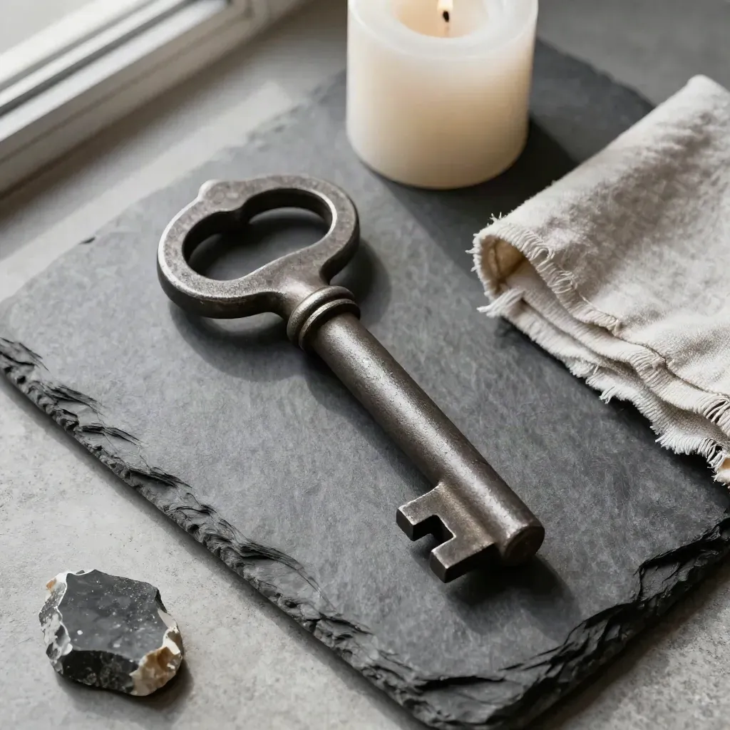 Llave de mazmorra de hierro gastado, vela baja, astilla de piedra y tela doblada sobre bandeja de pizarra.