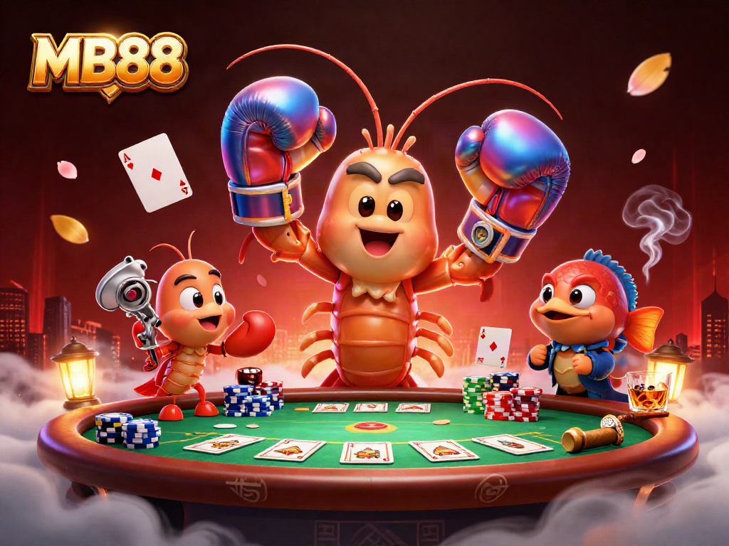 MB88 showcases a vibrant poker scene with a dynamic mantis shrimp character in action.