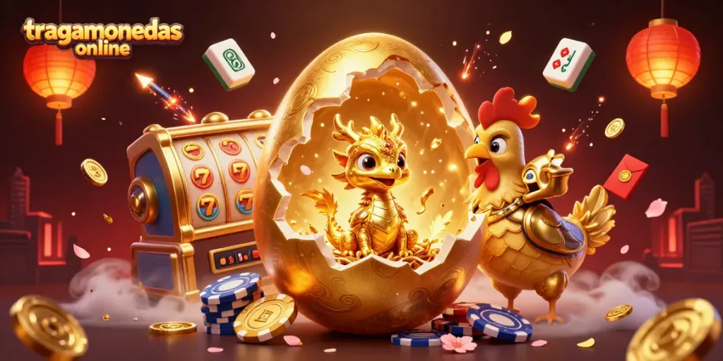 Gana en tragamonedas online con esta ilustración de un dragón dorado y fichas de poker.