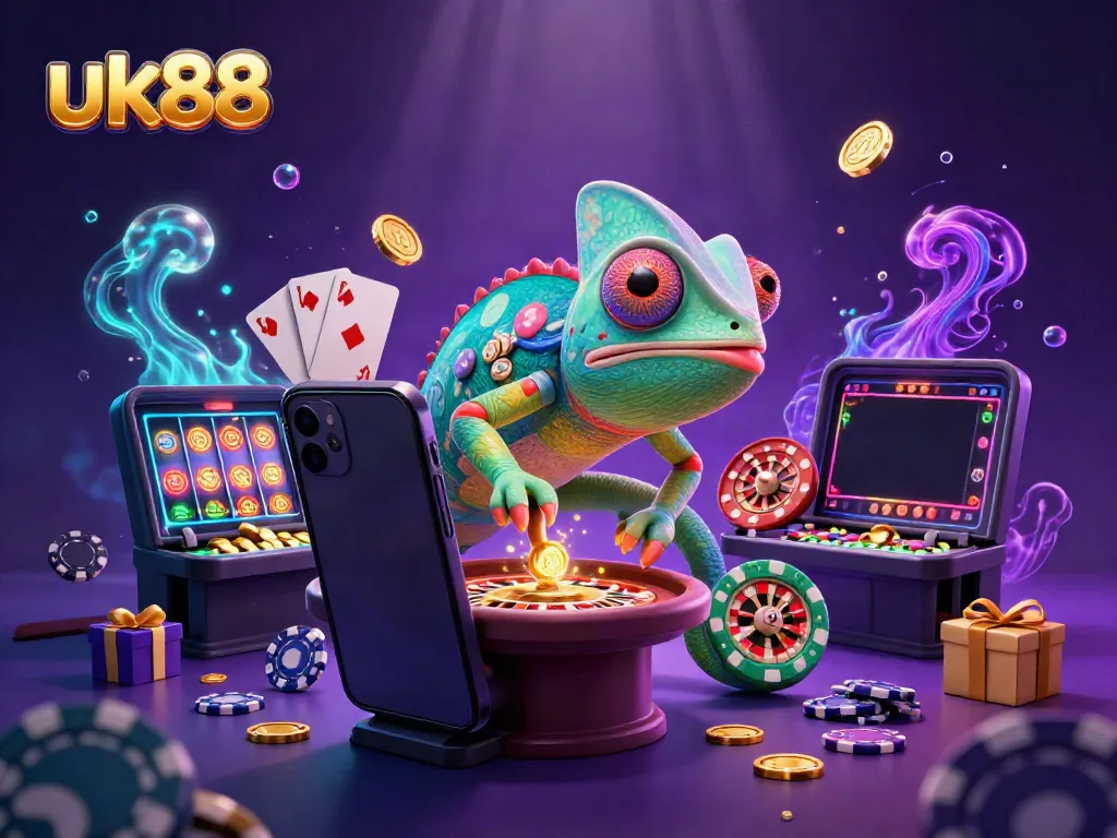 Experience exciting wins at uk88 with a vibrant casino-themed illustration featuring a chameleon owner and dynamic game elements.