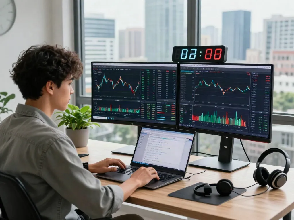 Phuwerte Inwersowia, escena de trabajo en criptomonedas con un profesional analizando tendencias del mercado y gráficos, ambiente moderno.