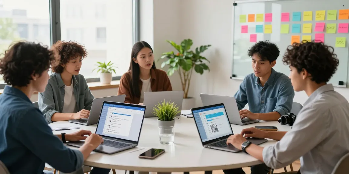 Professionals collaborating on the Telegram Web Version in a modern workspace.