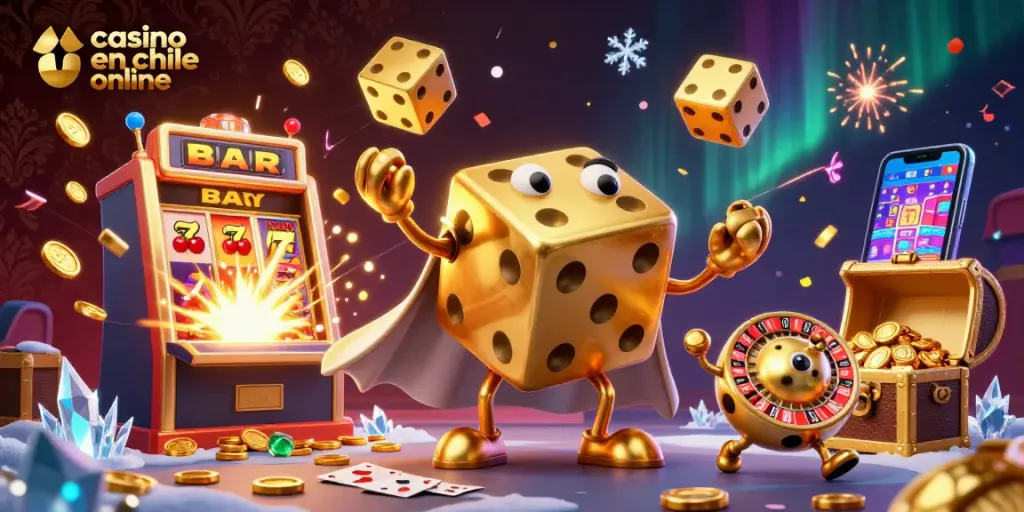Disfruta del casino en chile online con un golem de dados dorados y mucho más en esta ilustración vibrante.