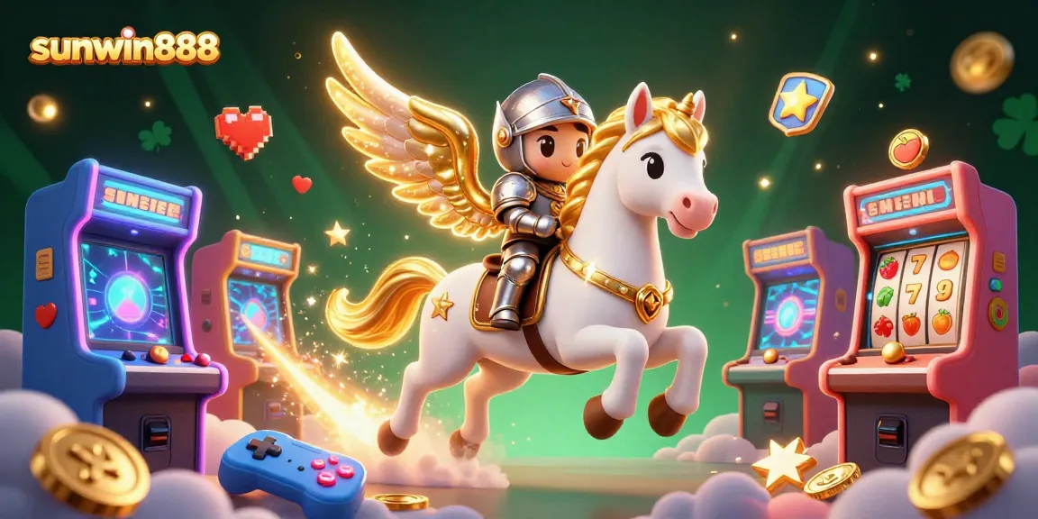 Engage with sunwin888's vibrant gaming scene featuring an epic celestial horse and arcade elements.