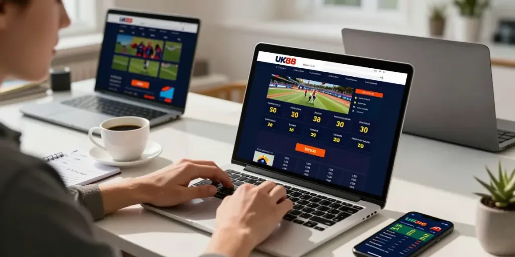 Engaging UK88 online betting scene with user interacting with the laptop and vibrant graphics.