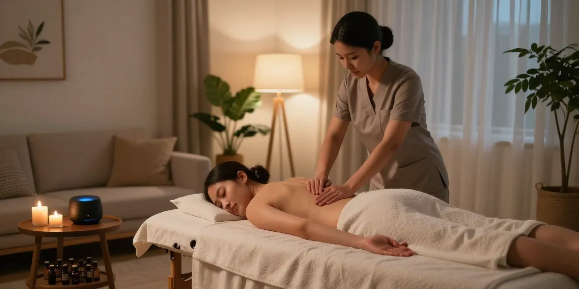 Professional 출장마사지 in a cozy home setting with soothing ambiance.
