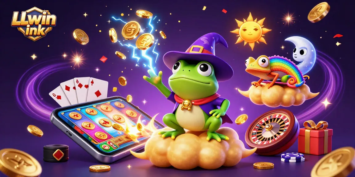 Experience the thrill of LLwin ink with a colorful 3D casino scene featuring golden coins raining down.