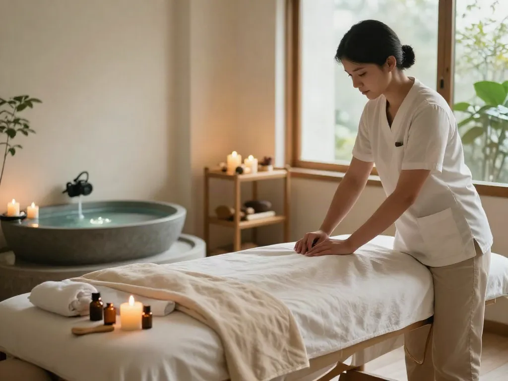 Relaxing gu로출장안마 setup with massage table, oils, and candles.