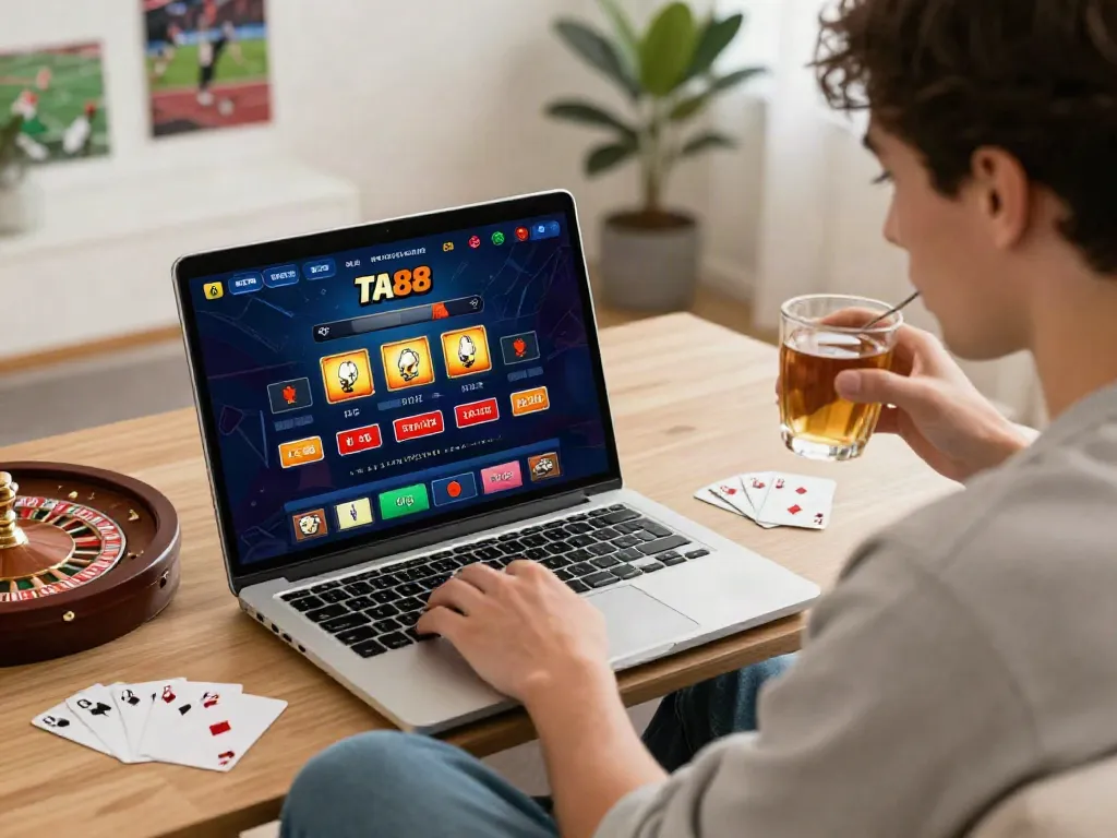 User enjoying the TA88 online gambling platform in a cozy living room setting.