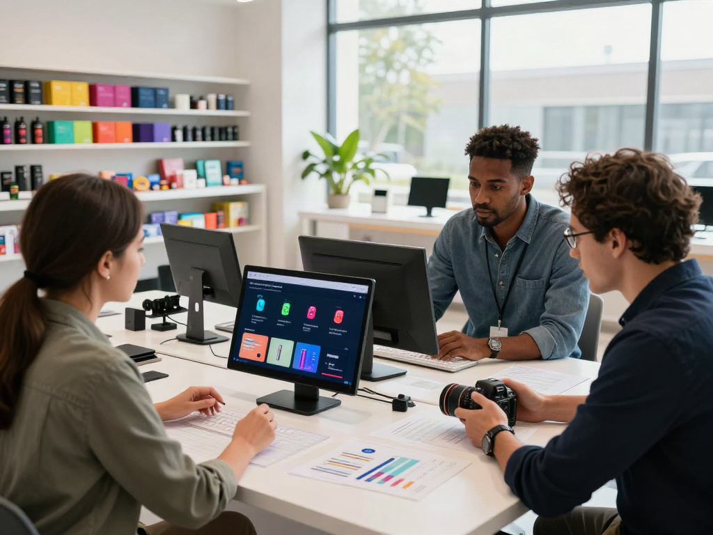 Team collaborating on marketing innovative productos in an e-commerce setting.