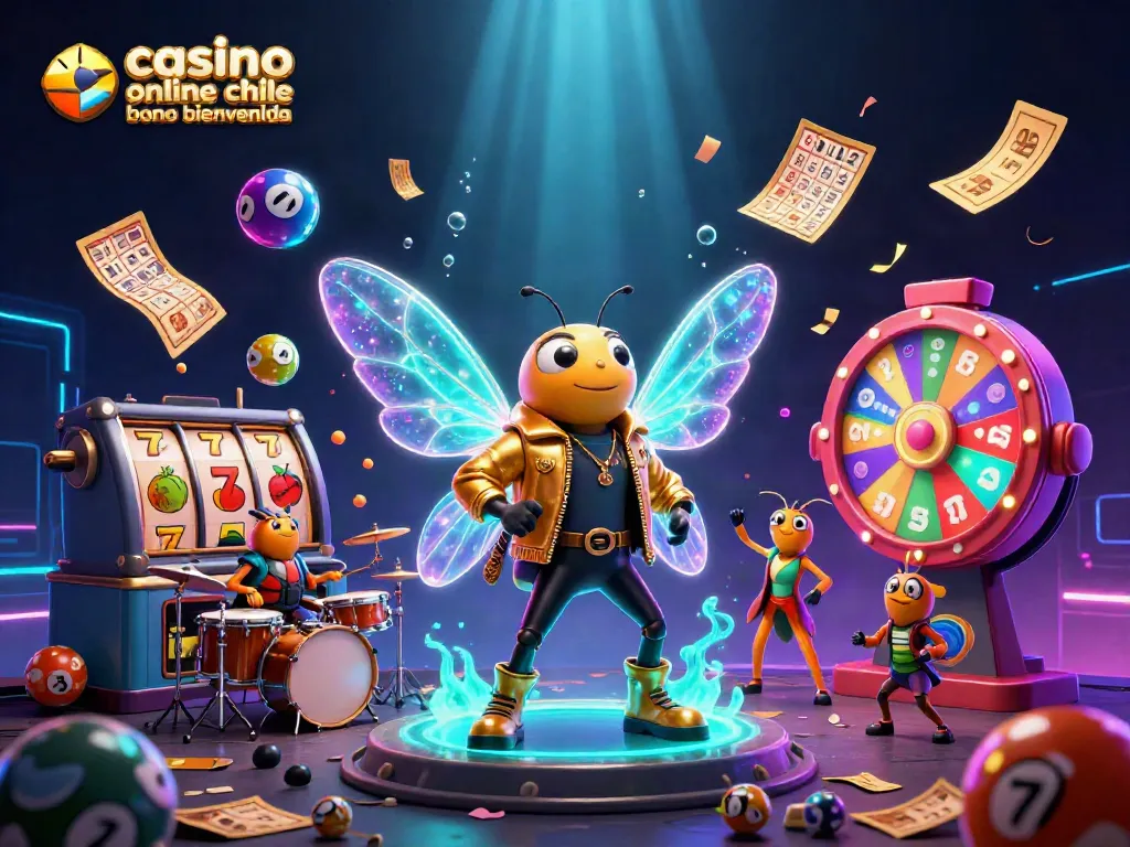Una ilustración 3D vibrante que celebra un casino online Chile bono bienvenida, mostrando un rockstar y símbolos de juegos de azar.