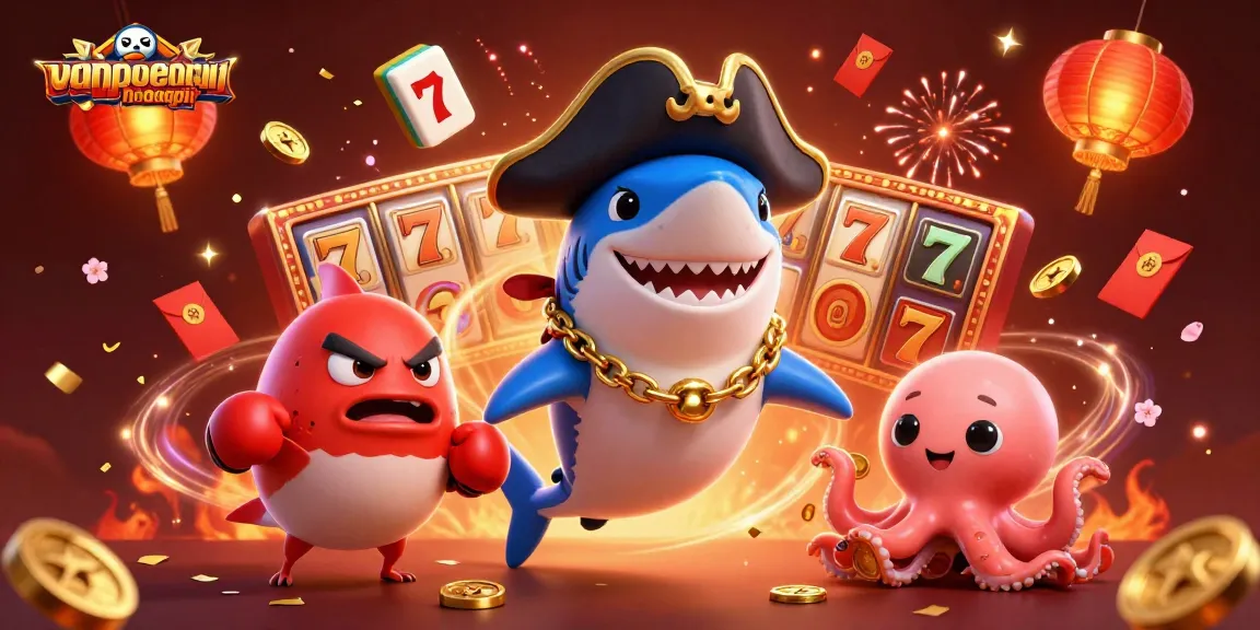 Engage in slot games with vanchuyenhoangphi featuring a pirate shark, pufferfish, and octopus in a festive casino scene.