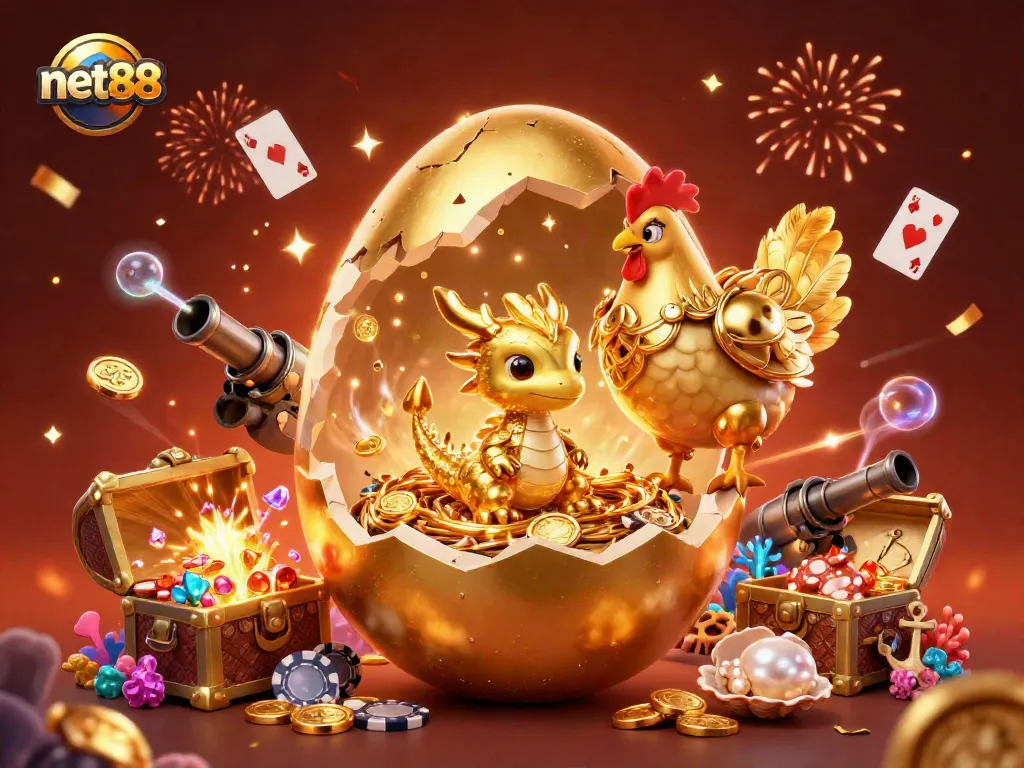 Celebrate your wins with net88’s thrilling golden egg dragon casino scene, filled with poker chips and fireworks.
