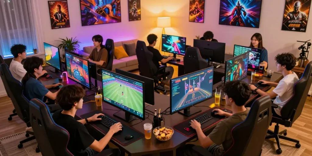 Group enjoying gaming on SKY88 platform with vibrant atmosphere