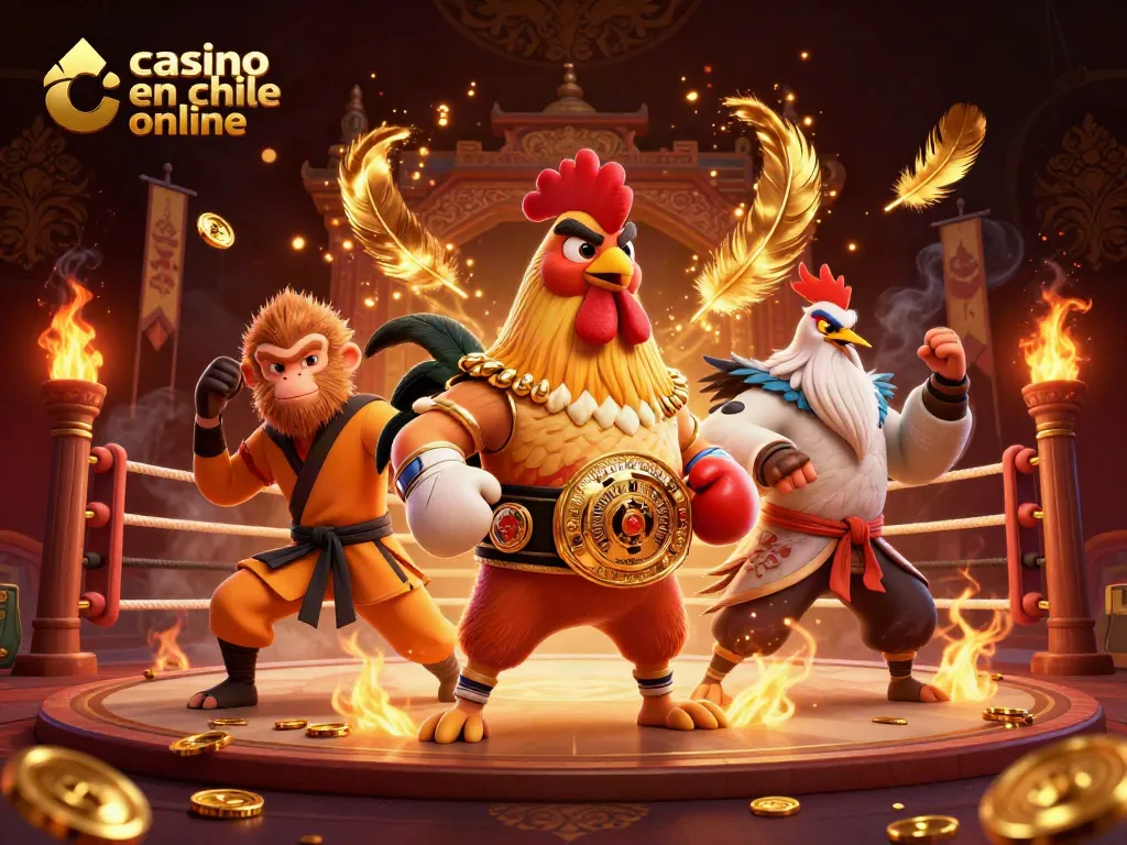 Juega en el casino en Chile online con una ilustración vibrante y dinámica de personajes de artes marciales y elementos de apuestas.