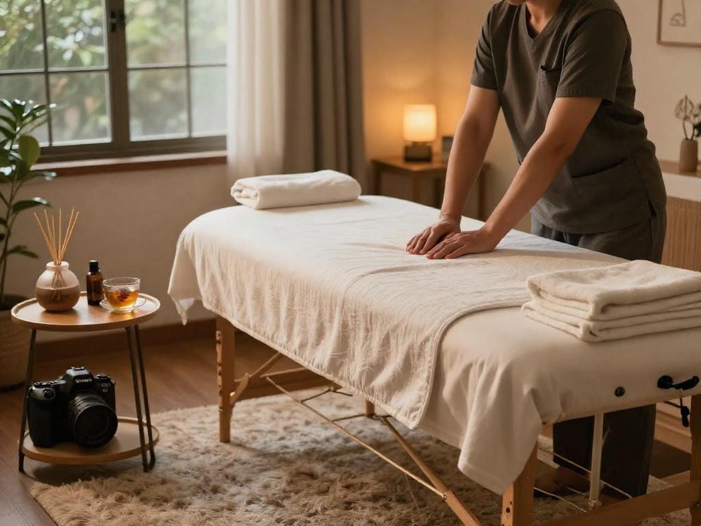 At-home 영등포출장안마 service setup with a professional therapist preparing for a massage session in a calming environment.