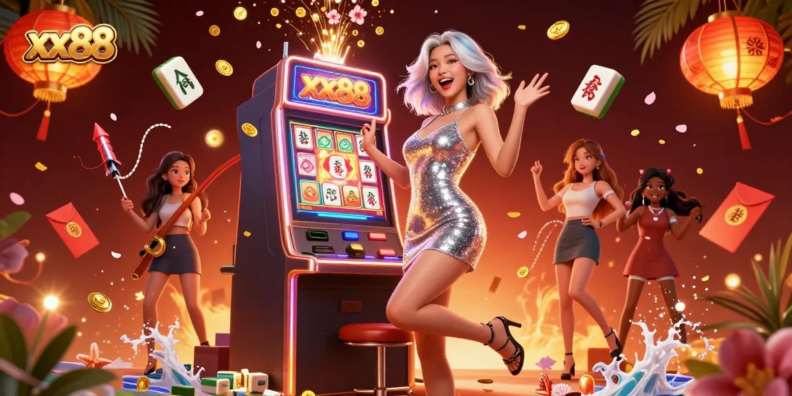 Join the excitement at xx88's jackpot with stunning visuals of a lively Asian woman celebrating, unique casino elements!