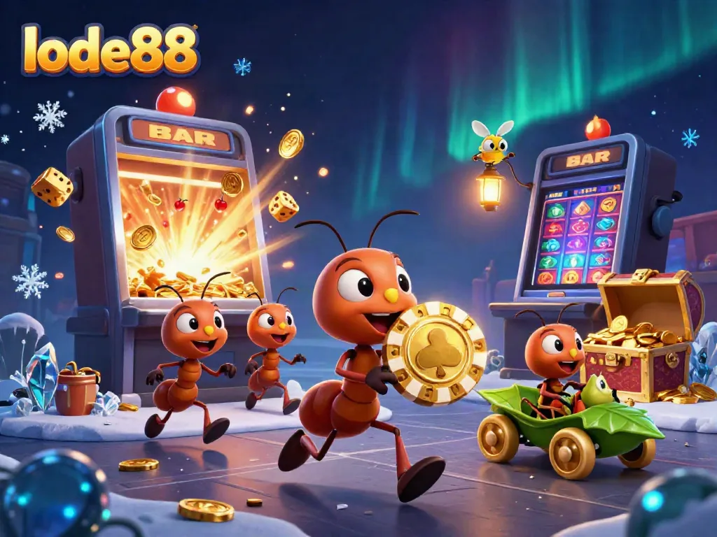 Join the lode88 ants on a casino adventure, carrying a giant poker chip through a vibrant jackpot scene.