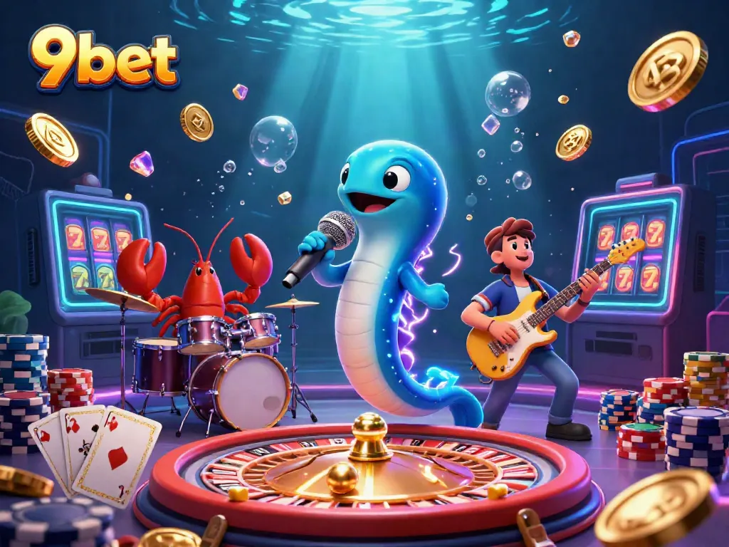 Experience the thrill of 9bet with vibrant 3D casino scene featuring an electric eel DJ and animated game elements.