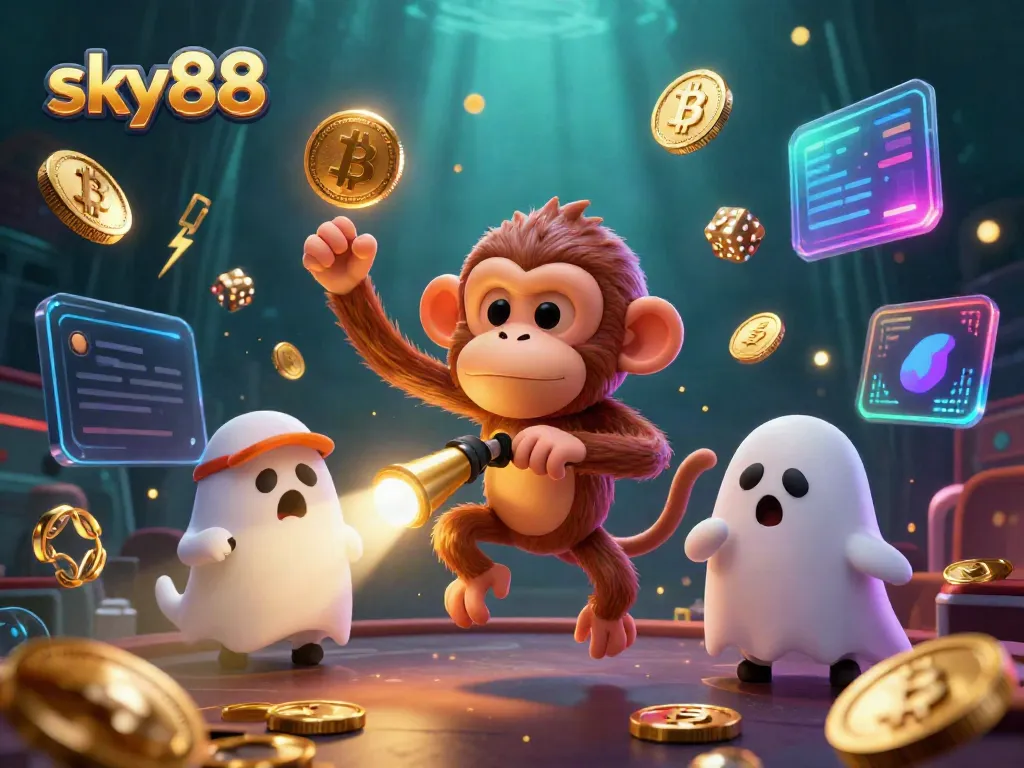 Experience excitement at sky88 with a poltergeist monkey juggling golden casino items.