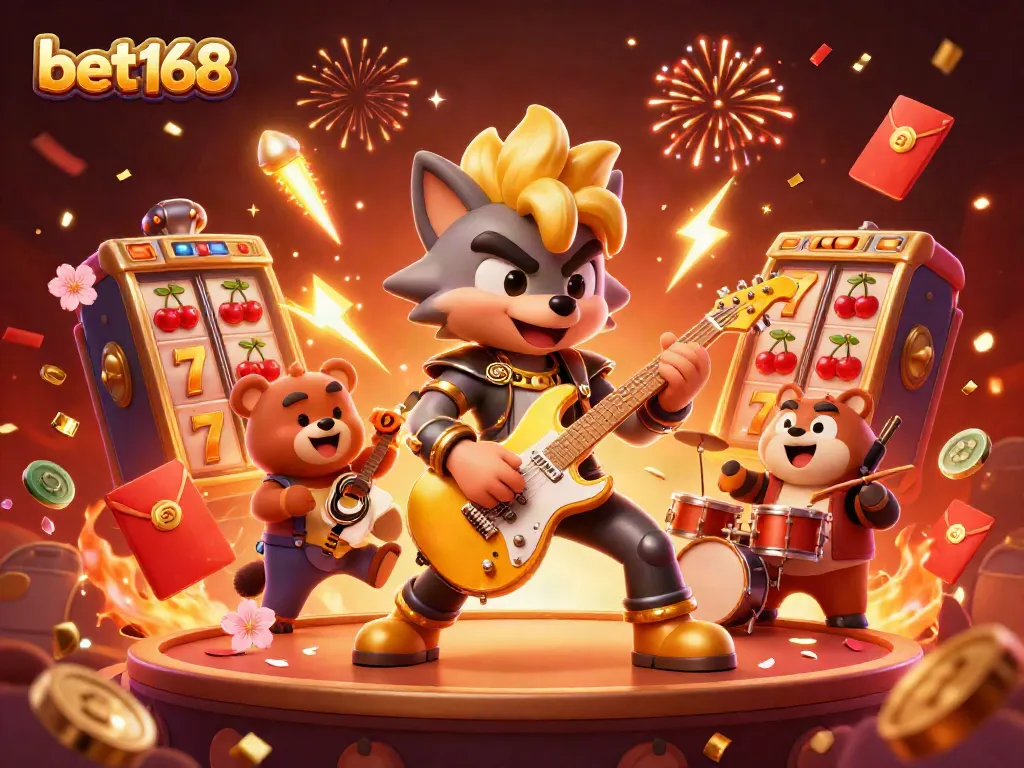 Experience the excitement of bet168 with a dynamic casino scene featuring a rock star wolf and magical casino elements.