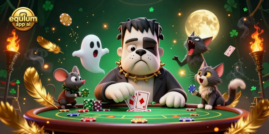 Engage with equlum app ai at a lively poker game featuring whimsical characters and vibrant casino elements.