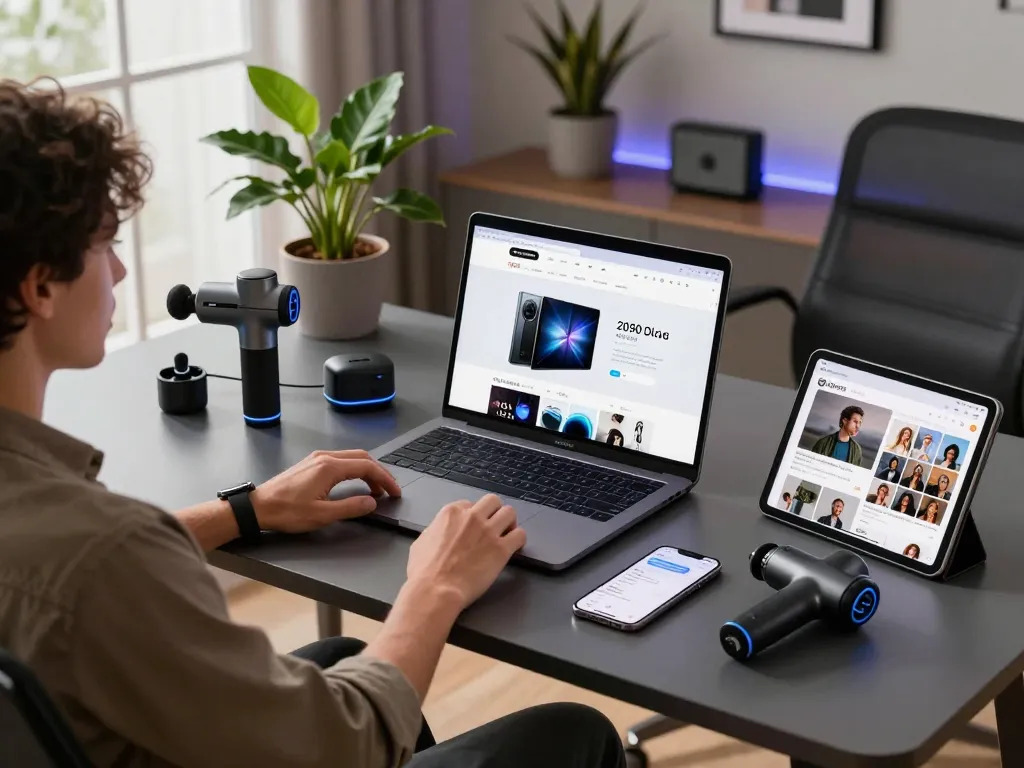 Person engaging with latest tech gadgets 2090 in a modern home office setup.