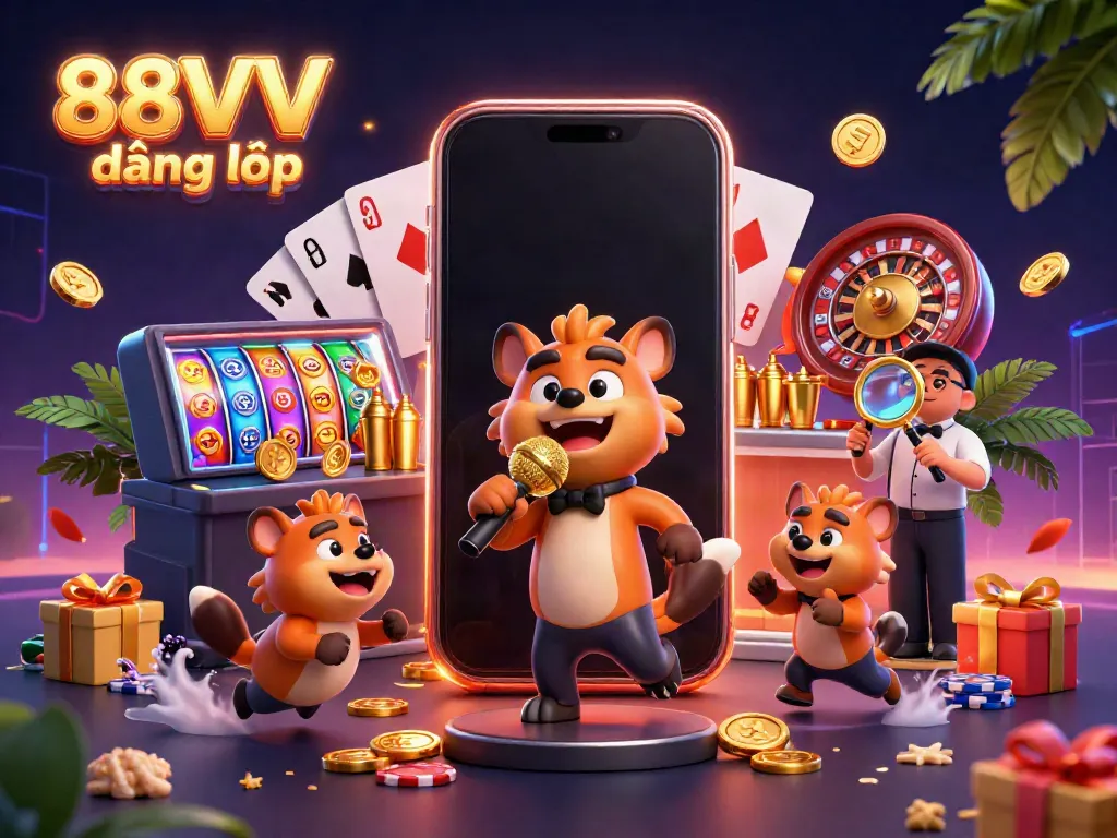Engage with 88VV đăng nhập in a vibrant animated casino scene with hyenas and dynamic gaming elements.