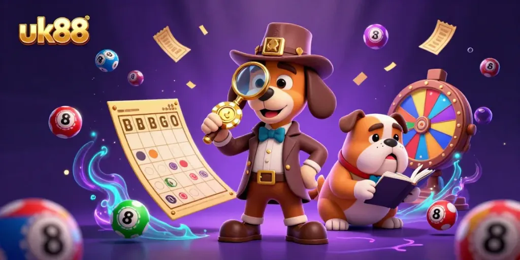 Experience the thrill of uk88 with a detective uncovering poker chip clues amidst vibrant lottery elements.