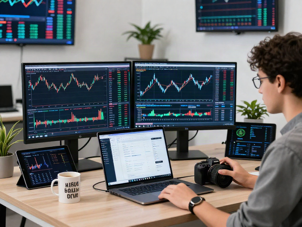 Un joven analizando el exchange cripto en pantallas duales, con un ambiente moderno y tecnológico.
