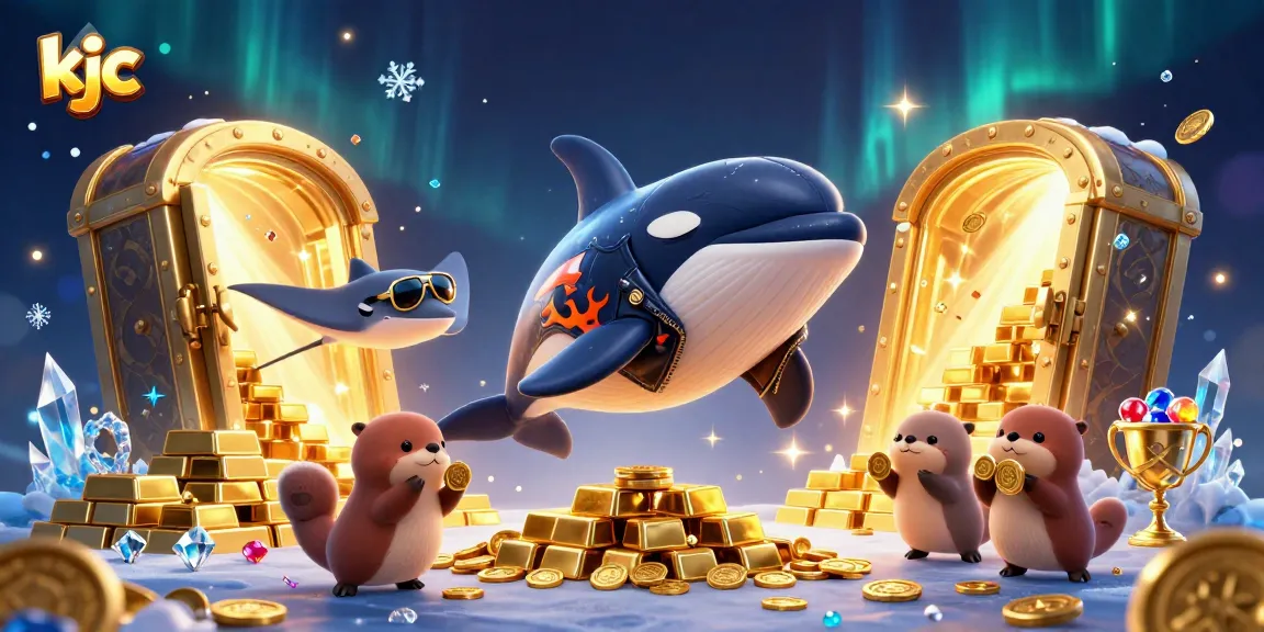 KJC showcases an exciting gambling scene with a cartoon orca and sea otters, celebrating wins in a vibrant casino.