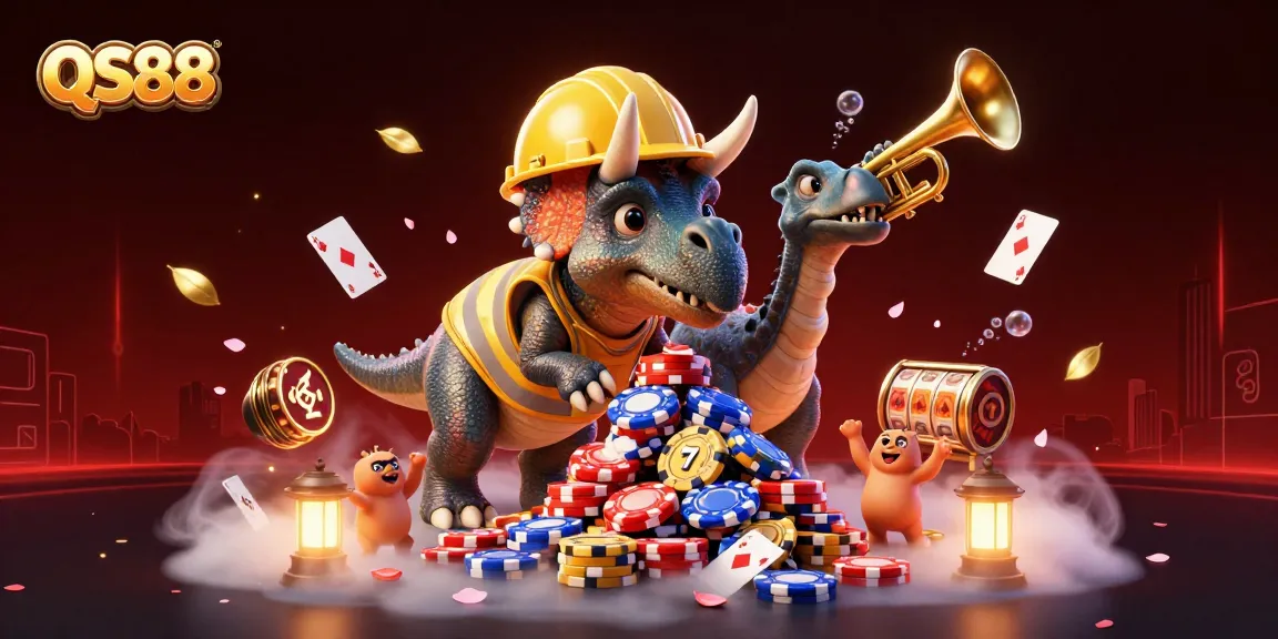 QS88 casino adventure with triceratops crafting poker chip pyramid amid floating cards and slot reels.