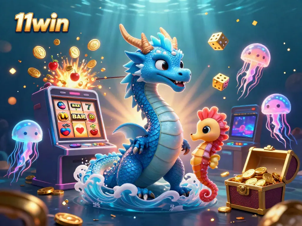 Experience thrilling jackpots with 11win in this vibrant underwater casino scene featuring a dragon and seahorse knight.