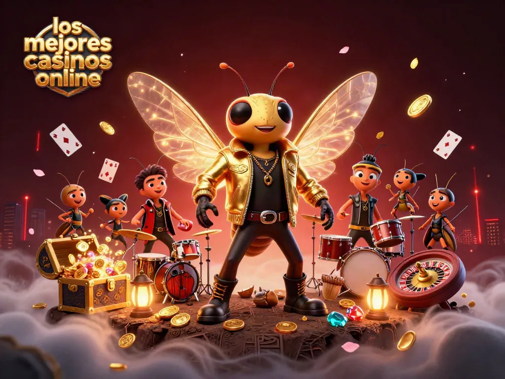 Gana con los mejores casinos online en esta vibrante ilustración 3D de un rockstar y elementos de juego.