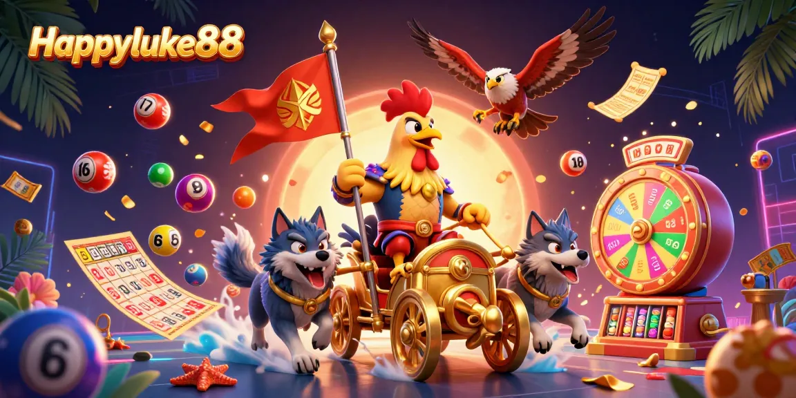 Engage with vibrant gaming elements and a golden war chariot in Happyluke88's animated scene.