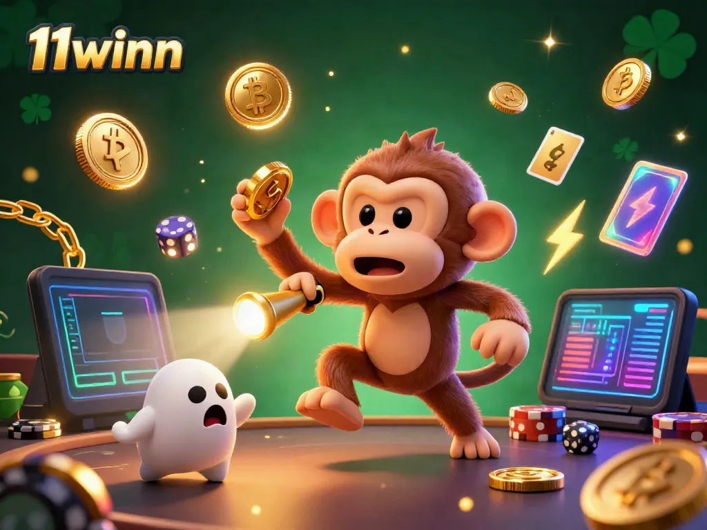 Experience the excitement of 11winn with a playful poltergeist monkey and ghost-hunter puppy in a vibrant casino.