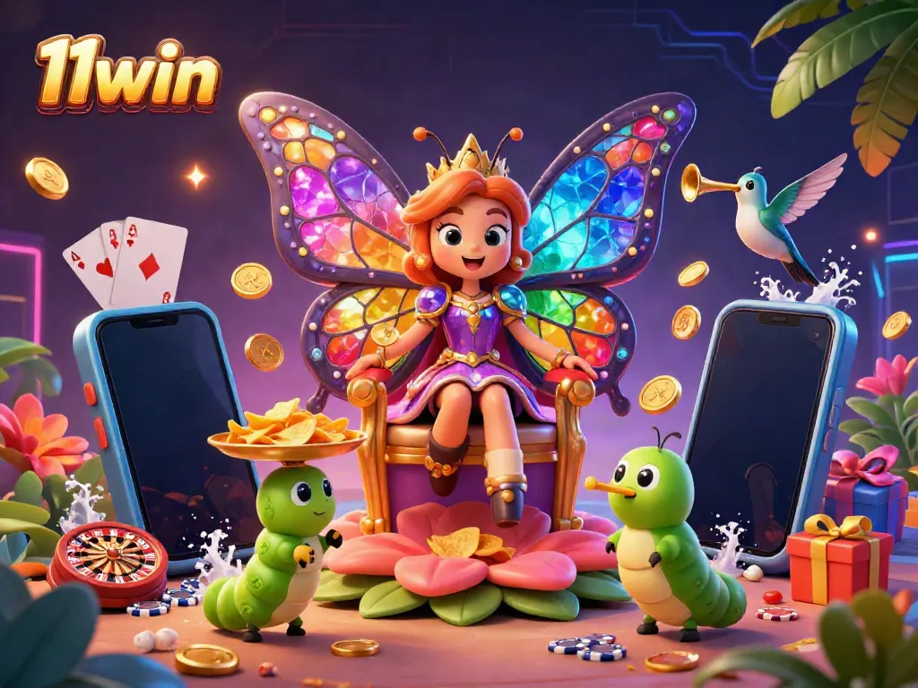 Experience the excitement of 11win with vibrant casino games and captivating characters in a colorful illustration.