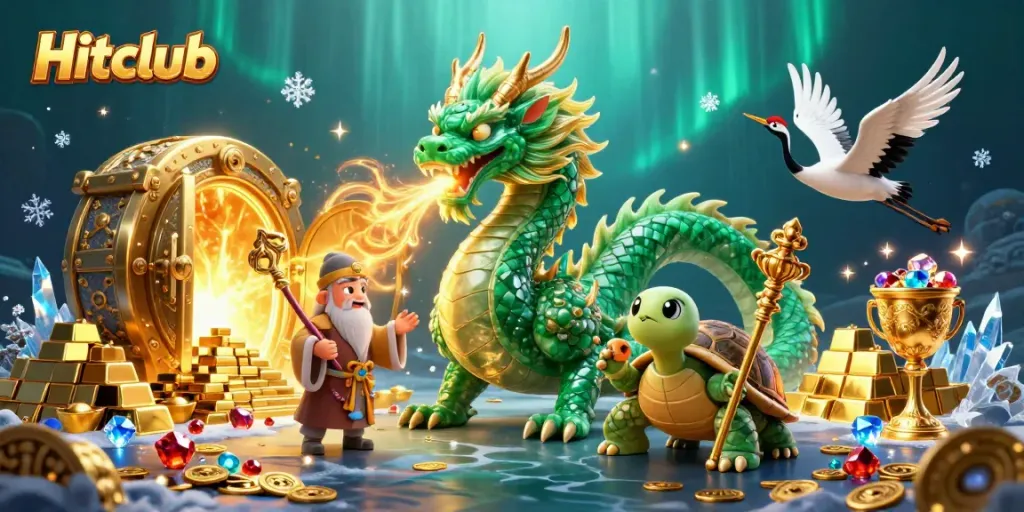 Experience thrill at Hitclub with vibrant gaming scene, featuring a dragon and rich treasures.