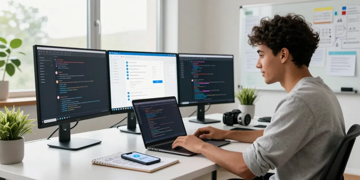 Developer using Telegram Web on multiple screens in a modern workspace