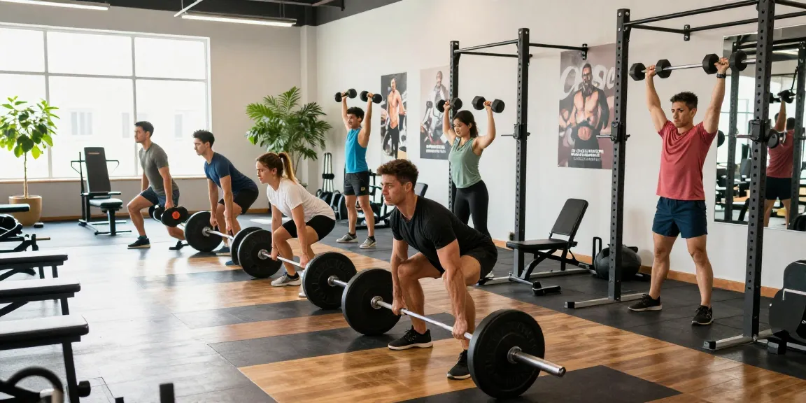 Entusiastas del fitness en Esteroidesshop realizando intensos ejercicios de levantamiento de pesas rodeados de equipo de gimnasio, capturando energía y determinación.