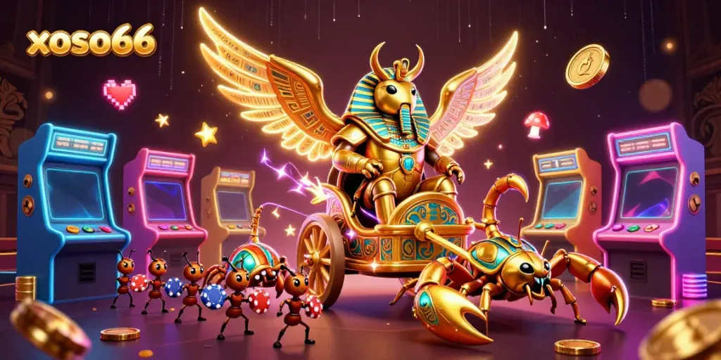 Experience the thrill of xoso66 with a vibrant 3D illustration of casino elements and action.